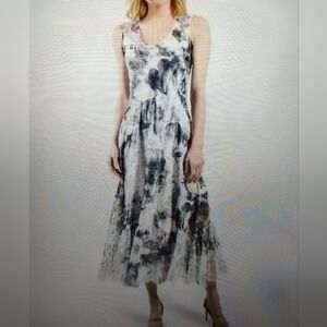 NEW Komarov Charmeuse & Lace Floral Watercolor Flowy Midi Dress M